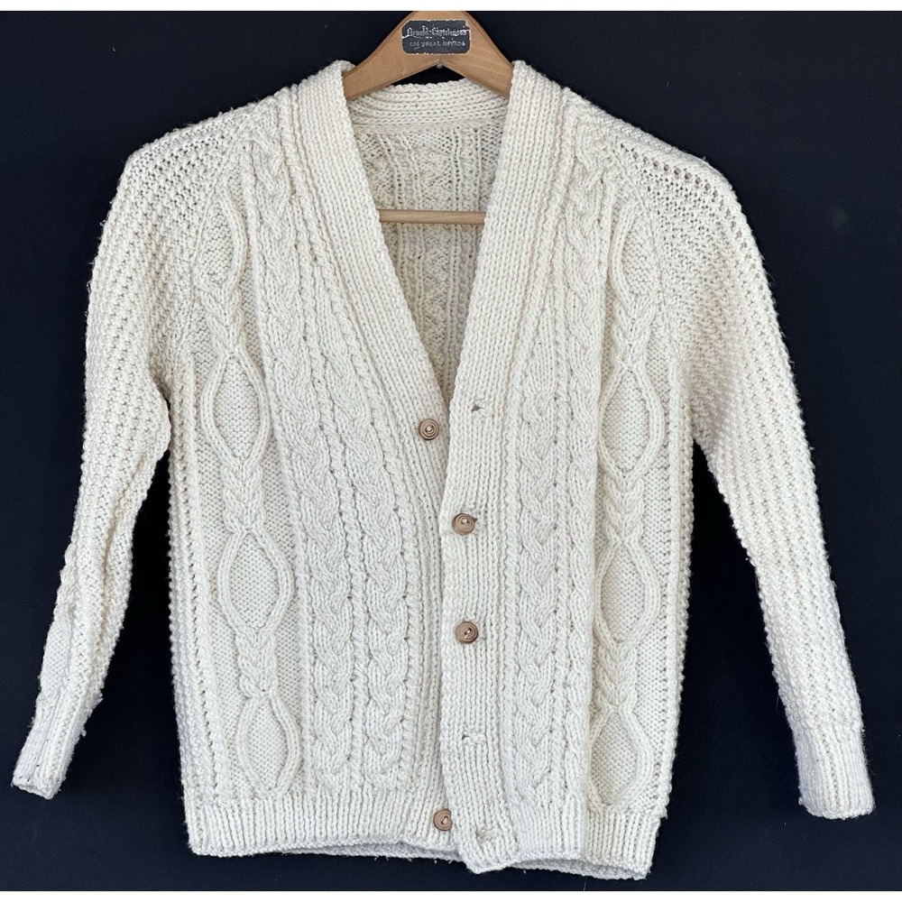 VTG Irish Wool Fisherman Cardigan Sweater Cable Knit Ivory Women's XS